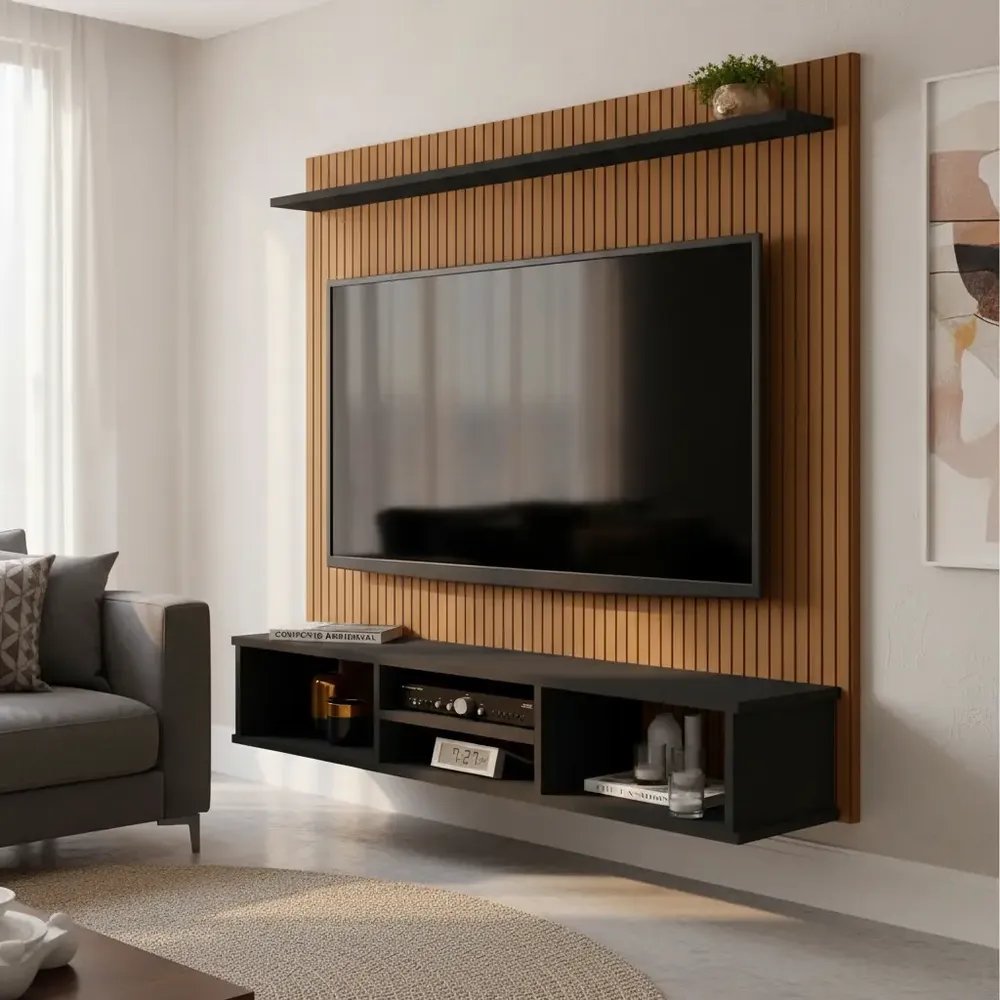 Painel Tv Ripado Preto 3d Com Nichos E Prateleira 50 Polegadas