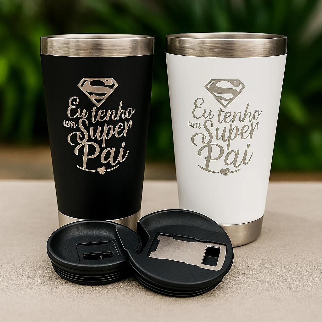 Copo Super Pai Térmico 476ml Gravação a Laser C Tampa Abridor de Garrafa – Presente Dia dos Pais