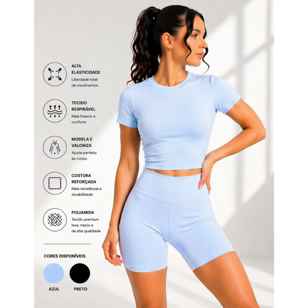 Conjunto Fitness Poliamida Blusa Slim Fit Manga Curta de Compressão e Short Fitness Academia Premium